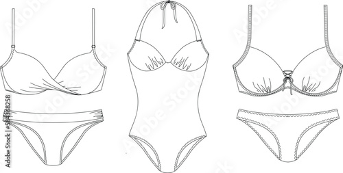"Woman sustainable swimwear, technical drawing, template, sketch, flat, mock up. Recycled PA, Recycled PES, Lycra fabric swimwear front view, white color"	
