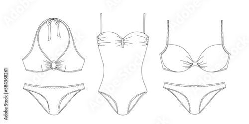 "Woman sustainable swimwear, technical drawing, template, sketch, flat, mock up. Recycled PA, Recycled PES, Lycra fabric swimwear front view, white color"	

