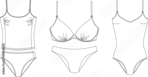 "Woman sustainable swimwear, technical drawing, template, sketch, flat, mock up. Recycled PA, Recycled PES, Lycra fabric swimwear front view, white color"	
