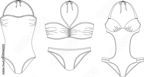 "Woman sustainable swimwear, technical drawing, template, sketch, flat, mock up. Recycled PA, Recycled PES, Lycra fabric swimwear front view, white color"	

