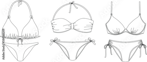 "Woman sustainable swimwear, technical drawing, template, sketch, flat, mock up. Recycled PA, Recycled PES, Lycra fabric swimwear front view, white color"	
