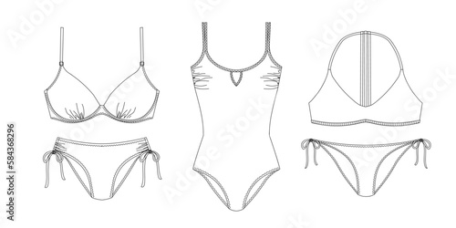"Woman sustainable swimwear, technical drawing, template, sketch, flat, mock up. Recycled PA, Recycled PES, Lycra fabric swimwear front view, white color"	
