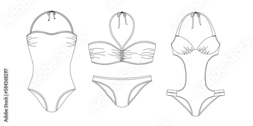 "Woman sustainable swimwear, technical drawing, template, sketch, flat, mock up. Recycled PA, Recycled PES, Lycra fabric swimwear front view, white color"	
