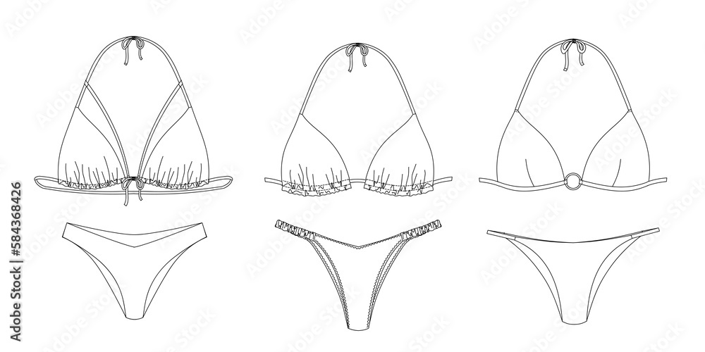 "Hand drawn woman swimwear, technical vector drawing, template, sketch "Hand drawn woman swimwear, technical vector drawing, template, sketch