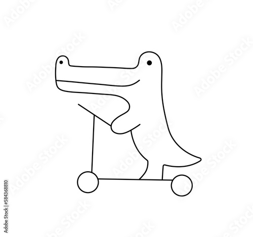 Vector isolated one single cute cartoon funny crocodile croco riding on a scooter colorless black and white contour line easy drawing