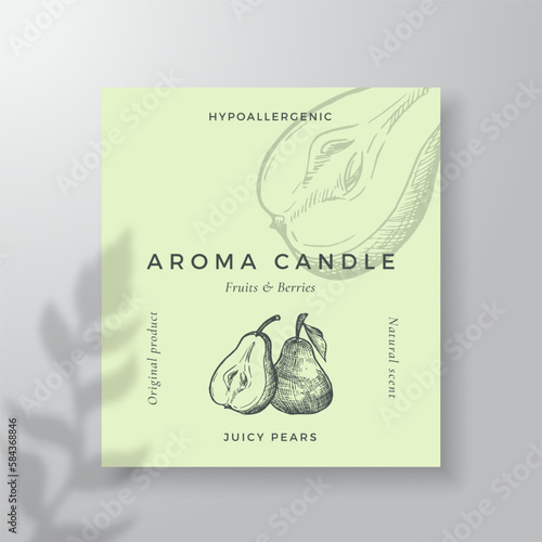 Aroma candle vector label template. Pear scent from local purveyors advert design Ink style sketch background layout decor. Natural smell product package text space