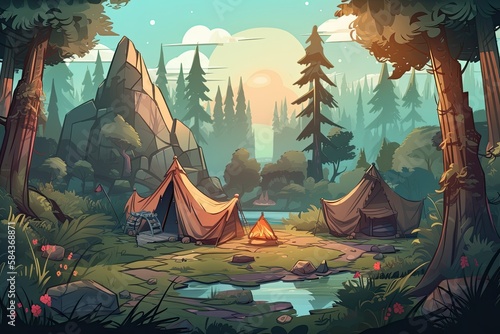 Summer forest or mountain tourist campground or campsite with tents and fireplace, flat cartoon vector illustration. Summer backpackers camping background. photo