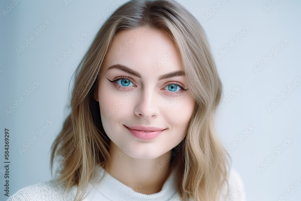 Portrait of a young happy woman looking at the camera on, white background. - Generative Ai. - beauty, fashion, style, trend, elegance, confidence, charm, grace, femininity, youthfulness. Portrait of a young happy woman looking at the camera on, white background. - Generative Ai. - beauty, fashion, style, trend, elegance, confidence, charm, grace, femininity, youthfulness.