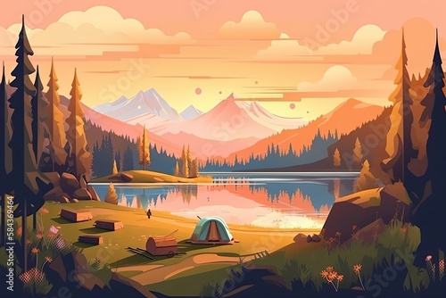 Summer forest or mountain tourist campground or campsite with tents and fireplace  flat cartoon vector illustration. Summer backpackers camping background.
