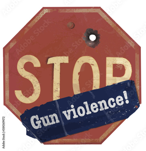 A stop gun violence sticker is seen on a traffic stop sign that has a bullet hole in the sign. This is a 3-D illustration.
