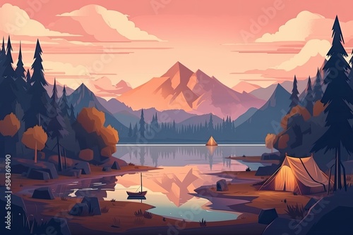 Summer forest or mountain tourist campground or campsite with tents and fireplace, flat cartoon vector illustration. Summer backpackers camping background.