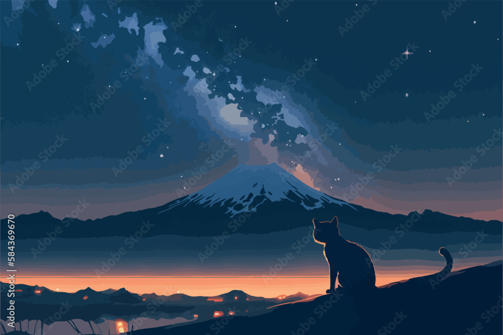 Fototapeta premium Girl looking at the mount fuji during the night. Vector art of anime woman stargazing. Beautiful atmospheric moody landscape. Relaxing scenery. Sad sihouette drawing. Japanese landmark. Japan nature.
