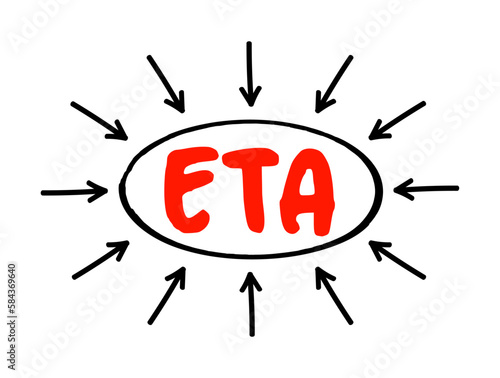 ETA Estimated Time of Arrival - time when a ship, vehicle, aircraft, cargo, emergency service, or person is expected to arrive at a certain place, acronym text with arrows