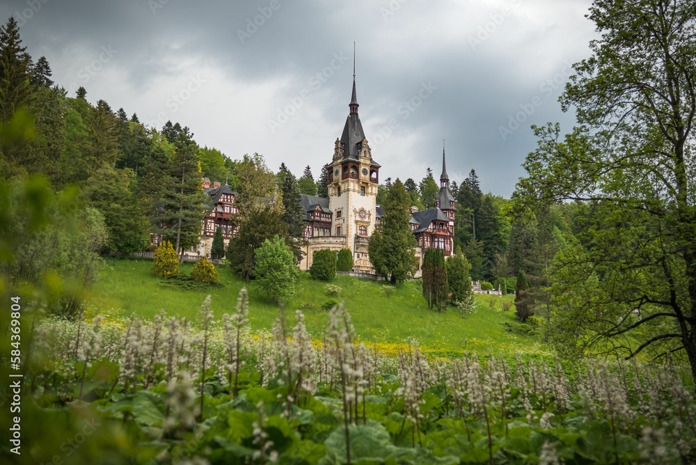 The historical Peles castle in a green park in Sinaia City in Romania The historical Peles castle in a green park in Sinaia City in Romania