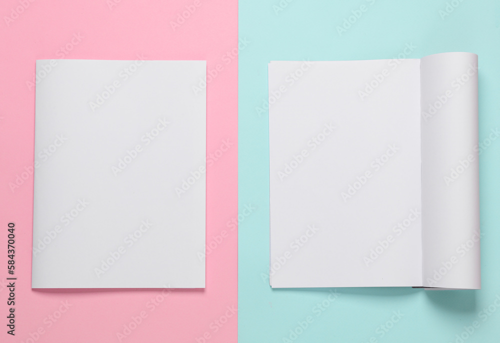 Mockup of two magazines with white open page and white cover on pink blue background. Template for design. Top view. Flat lay Mockup of two magazines with white open page and white cover on pink blue background. Template for design. Top view. Flat lay