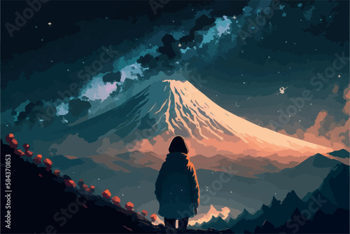 Girl looking at the mount fuji during the night. Vector art of anime woman stargazing. Beautiful atmospheric moody landscape. Relaxing scenery. Sad sihouette drawing. Japanese landmark. Japan nature.