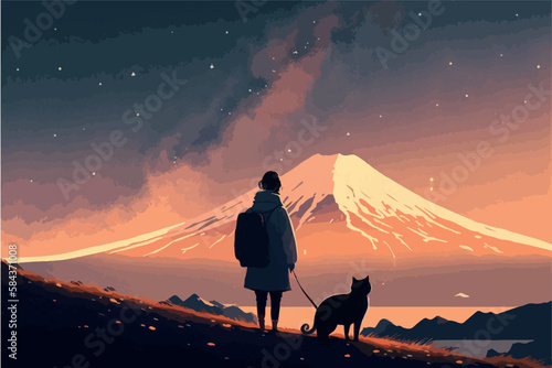Girl looking at the mount fuji during the night. Vector art of anime woman stargazing. Beautiful atmospheric moody landscape. Relaxing scenery. Sad sihouette drawing. Japanese landmark. Japan nature.