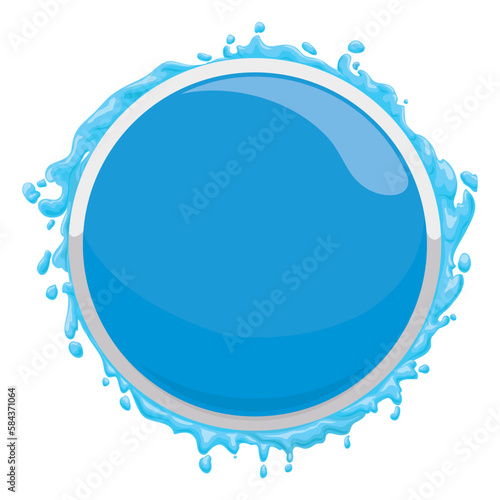 Blue shiny button template with silver frame and water splashing, Vector illustration