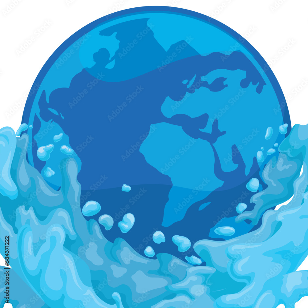 Water splashes on a blue button with globe in cartoon style, Vector illustration