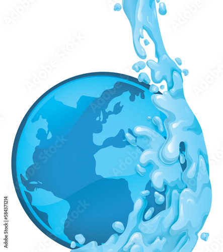 Water stream splashing a blue button with globe, Vector illustration