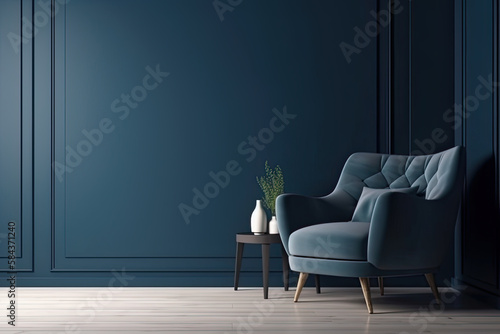 Blue armchair against blue wall in living room interior with plants. Elegant interior design with copy space. Ai generative