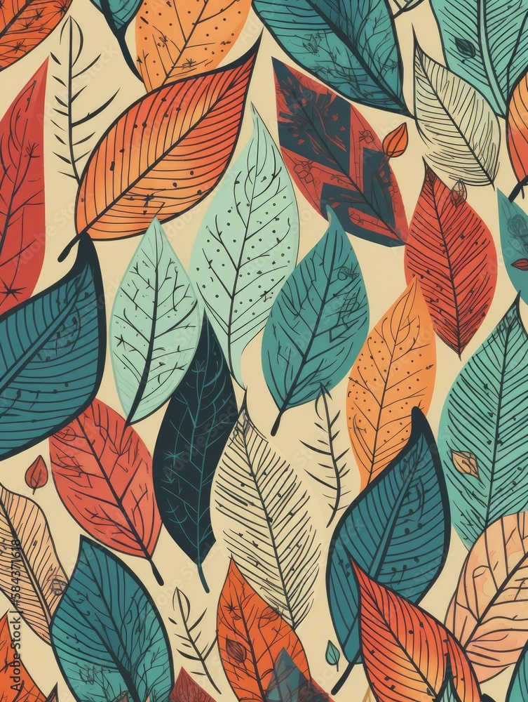 Fototapeta premium Abstract seamless pattern with tropical leaves. Hand draw texture. Vector template. Generative Ai.