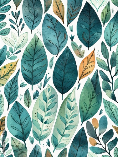Abstract seamless pattern with tropical leaves. Hand draw texture. Vector template. Generative Ai.