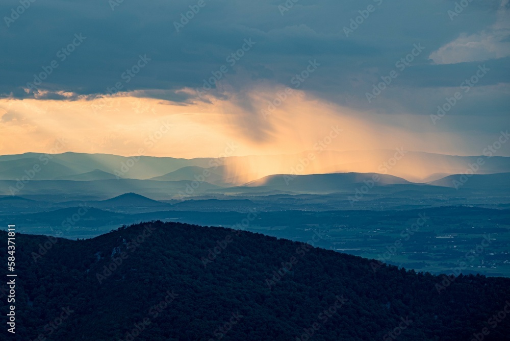 Bird's eye view of Shenandoah National Park mountains during a sunset