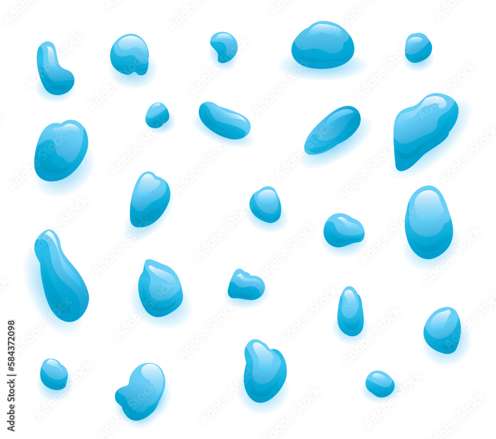 Set with variety of blue water drops in gradient effect, Vector illustration