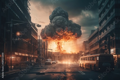 The explosion of the nuclear bomb. End of world illustration. Nuclear war threat concept. A modern nuclear bomb explosion over a small city. Generative Ai