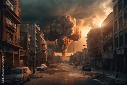 The explosion of the nuclear bomb. End of world illustration. Nuclear war threat concept. A modern nuclear bomb explosion over a small city. Generative Ai