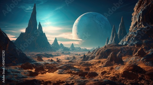 Abstract fantasy space landscape. Star nebulae  month and moon  mountains  fog. Unreal fantasy world. Silhouettes  horoscope  zodiac signs. 3D illustration. Generative Ai