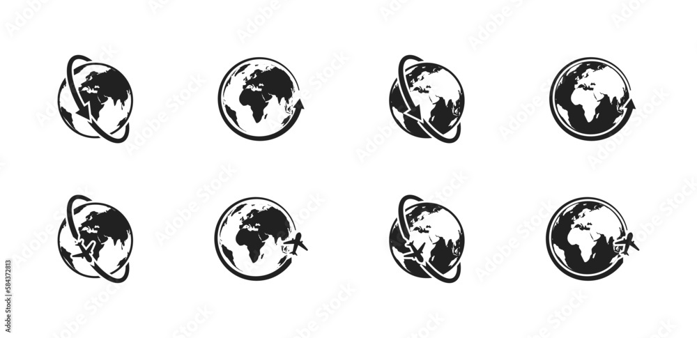 Globe plane icon set. Plane fly around earth. Global communication sign. Vector EPS 10. Globe plane icon set. Plane fly around earth. Global communication sign. Vector EPS 10.