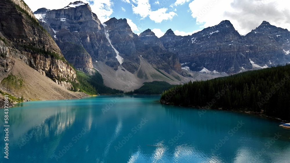 Beautiful shot of a lake between hills in Canadian Rockies