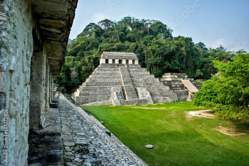 Beautiful shot of a stone pyramid in Palenque, Mexico
