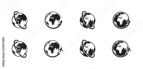 Globe plane icon set. Plane fly around earth. Global communication sign. Vector EPS 10.
