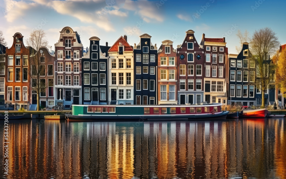 Amsterdam Netherlands dancing houses over river Amstel landmark in old european city spring landscape, Generative AI.