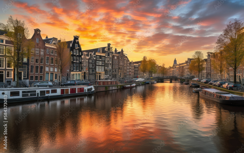 Amsterdam sunset city skyline at canal waterfront, Amsterdam, Netherlands, Generative AI.