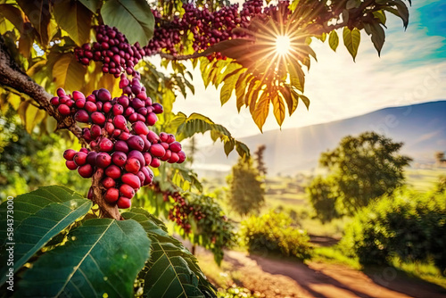 a big tree with arabica coffee beans. Generative AI photo