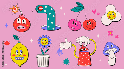 Retro cartoon characters set in 80's, 90's. Colorful comic patch emotions. Mushroom, snake, smiling flower, creative teapot, lemon, happy egg, surprised bomb. Vector illustration on pink background