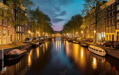 Canal at night in Amsterdam in Holland, Netherlands, Generative AI.