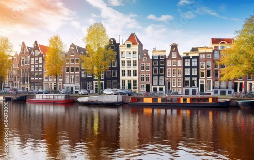 Channel in Amsterdam Netherlands houses river Amstel landmark, Generative AI. © amankris99
