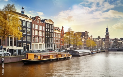 Channel in Amsterdam Netherlands houses river Amstel landmark, Generative AI. photo