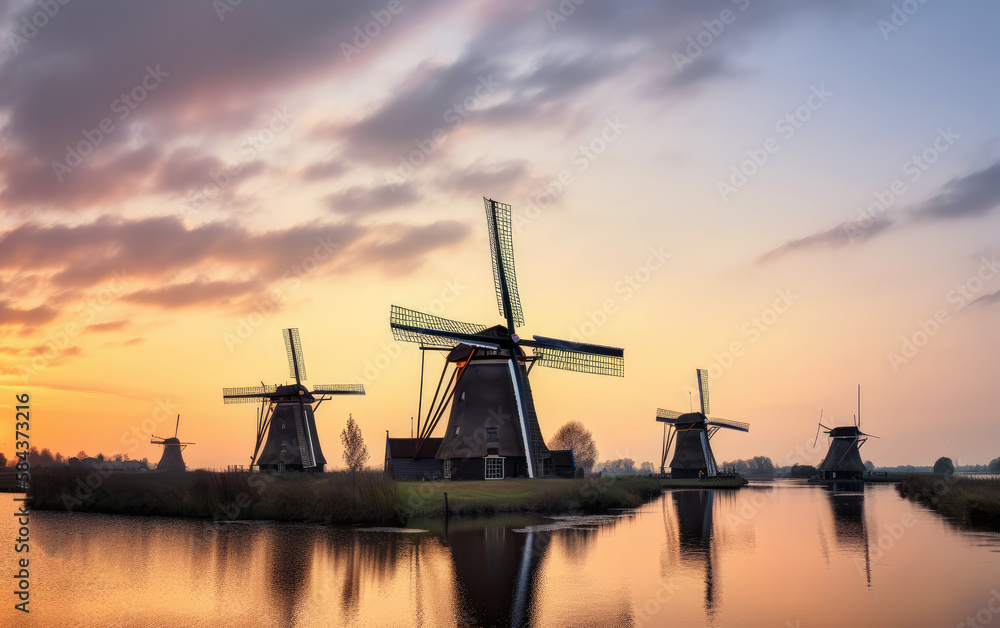 Windmills in Kinderdijk at sunset, The Netherlands, Generative AI.