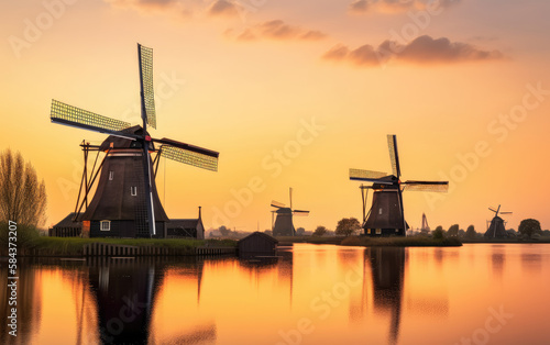 Windmills in Kinderdijk at sunset, The Netherlands, Generative AI.