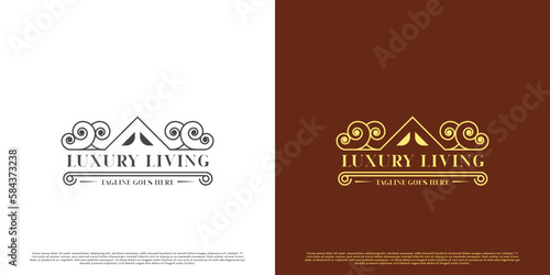 Luxury living logo design illustration. Creative idea line art roof minimalist elegant luxury. Luxurious comfortable home. Luxurious residential buildings for the rich. Old classic vintage design.