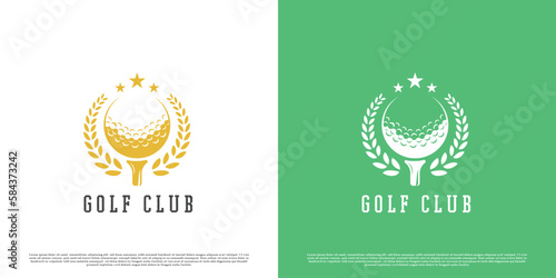 Golf club logo design illustration. Creative idea golden golf ball silhouette sport badge label stamp. Classic retro vintage professional sport design.