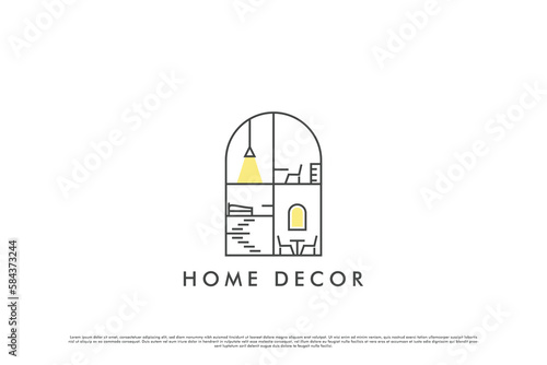 Cozy home decor logo design illustration. Minimalist level home decoration line art idea. House property silhouette household design needs. Simple flat home design.