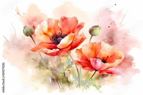 Pretty red watercolor poppies. Spring concept on a white background. Generative AI