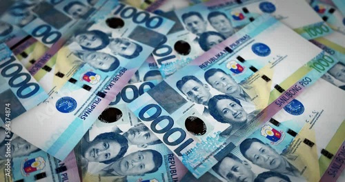 Philippines Peso growing pile of money. PHP banknotes loop rotaring. Seamless and looped background concept of finance, economy crisis, inflation and business.